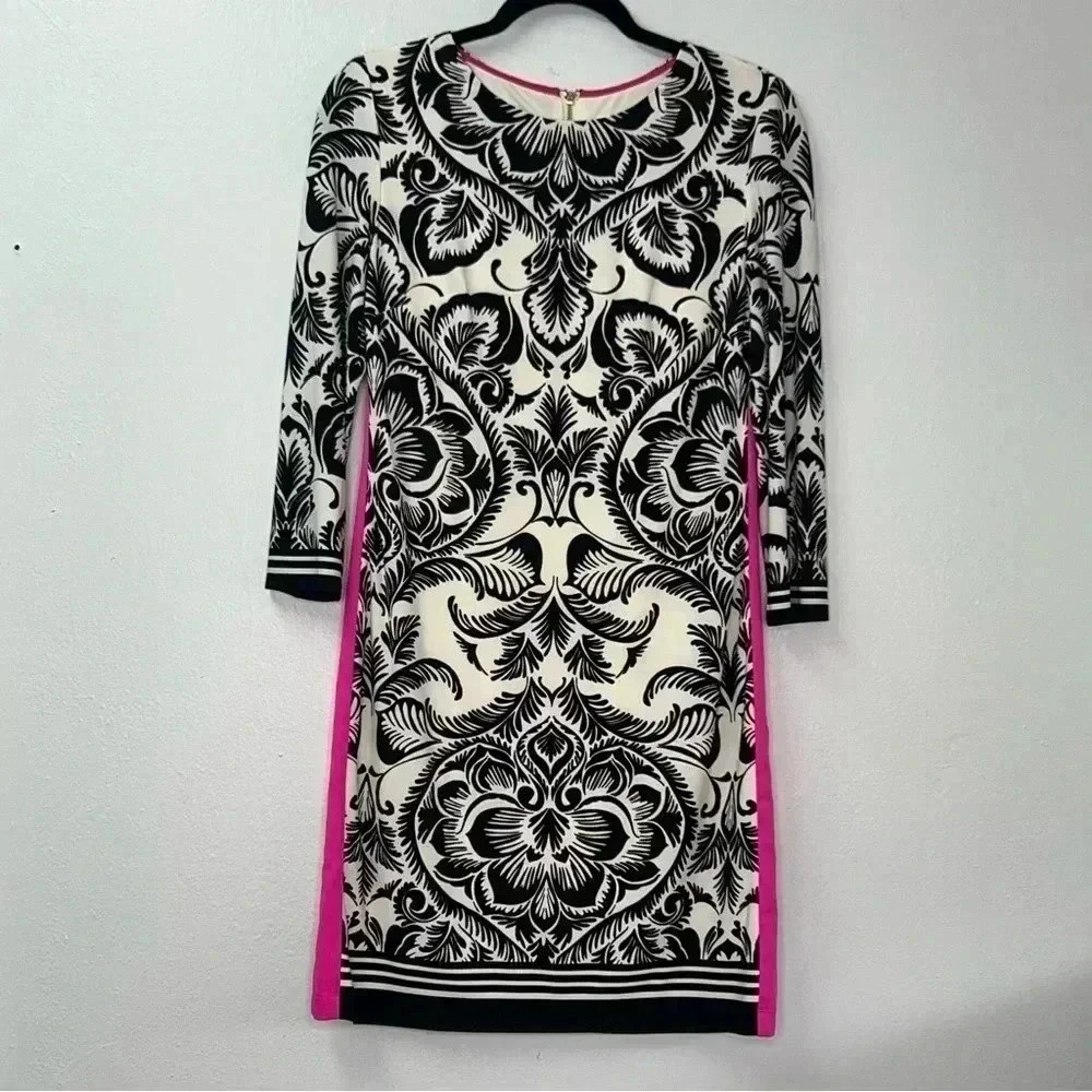 Eliza J 3/4 Sleeves Round Neck‎ Floral Print Hot Pink Trim Sheath Dress Sz 4